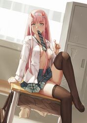 1girls blush breasts candy classroom darling_in_the_franxx day detailed_background female green_eyes indoors inner_sideboob legwear locker lolipop looking_at_viewer mool_yueguang nipples_covered no_bra pink_hair school school_uniform schoolgirl sideboob sitting sitting_on_table skirt solo sweat t-shirt tagme thighhighs tie tie_in_mouth unbuttoned unbuttoned_shirt window zero_two_(darling_in_the_franxx)