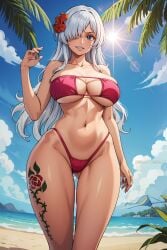 1girls ai_generated bare_arms bare_shoulders beach big_breasts bikini bikini_bottom bikini_top blue_eyes charlotte_smoothie eye_covered female female_focus female_only large_breasts long_hair looking_at_viewer one_piece sand sea senotakai_ai shounen_jump smile solo solo_female sun tattoo thick_thighs water white_hair