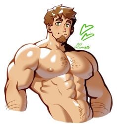 abs bara biceps big_chest big_pecs brown_hair gay goatee green_eyes hairy_chest happy_trail heart huge_chest huge_pecs male male_only muscular muscular_male nipples sachuman