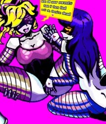 2girls bra breasts dolbaeb12345 doll_(murder_drones) female_only holding_hands lesbian_sex lizzy_(murder_drones) meme multiple_girls murder_drones pink_eyes ponytail robot robot_girl robot_humanoid self_upload sex text yellow_eyes yellow_hair yuri