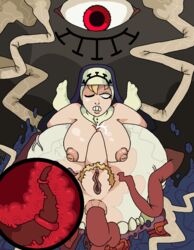 anal asshole belly_bulge big_breasts big_eye blank_eyes blonde_hair body_horror double_(skullgirls) horny_horns nun nun's_habit puffy_anus red_eyes skullgirls stomach_bulge teeth tentacle tentacle_sex tongue_out veins x-ray