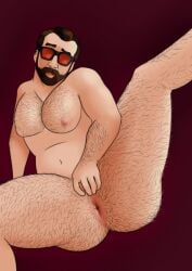 1boy bara covering_crotch covering_penis dbd dead_by_daylight facial_hair gay hairy hairy_anus hairy_ass hairy_chest hairy_male horkrugley looking_at_viewer male_focus male_only nicolas_cage presenting presenting_anus solo solo_focus solo_male sunglasses