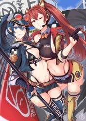2girls alternate_costume alternate_hairstyle artist_logo asymmetrical_docking bikini black_choker blue_eyes blue_hair blue_sky brand_of_the_exalt breast_press breast_size_difference breasts choker cleavage clothes_writing cloud commission cropped_jacket english_text female female_only fingerless_gloves fire_emblem fire_emblem_awakening flag full_body fully_clothed gloves hair_between_eyes hat high_heels highleg highleg_bikini highres holding holding_flag jacket light-skinned_female light_skin long_hair looking_at_viewer lucina_(fire_emblem) medium_breasts midriff miniskirt multiple_girls navel nintendo one_eye_closed open_mouth outdoors ponytail race_queen racetrack red_eyes red_hair revealing_clothes revolverwing revolverwingstudios severa_(fire_emblem) skirt sky small_breasts smile stockings sunglasses sunglasses_on_head swimsuit thighhighs thong_straps twintails