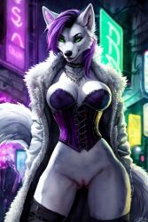 1girls 2:3 ai_generated anthro arctic_wolf aurana_lysander canid canine canis clothing coat corset female female_only fluffy_coat green_eyes lingerie mammal neon_lights pinup pose punk purple_hair solo street topwear white_clothing white_coat white_topwear wolf