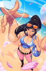 1girls akuma_no_mi beach big_breasts black_hair blue_eyes clothed clothing color female female_focus female_only hana_hana_no_mi hi_res large_breasts long_hair looking_at_viewer nico_robin one_piece pimozzarella post-timeskip ribbon sand sea shounen_jump solo solo_female sunglasses tagme thick_thighs water