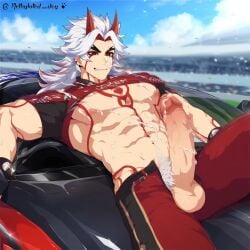 1boy ai_generated arataki_itto gay genshin_impact male male_only methylated_dog muscle muscles muscular muscular_male oni oni_horns racing white_hair yaoi