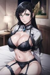 ai_generated bed bedroom bedroom_sex black_bra black_hair black_panties bra brunhild_(shuumatsu_no_valkyrie) female female_focus female_only green_eyes hair_between_eyes hair_ornament head_tilt imminent_rape imminent_sex looking_at_viewer looking_up lying_on_back lying_on_bed naughty_face partially_clothed partially_nude seductive seductive_eyes seductive_look seductive_mouth seductive_pose shuumatsu_no_valkyrie sleeping solo solo_female solo_focus stable_diffusion