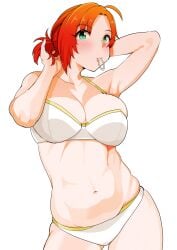 41_(taskmaster41) arms_behind_head blush boudica_(fate) boudica_(fate/grand_order) bra breasts cleavage contrapposto cowboy_shot fate/grand_order fate_(series) female green_eyes hair_tie hair_tie_in_mouth highres large_breasts looking_at_viewer mouth_hold navel panties red_hair short_ponytail simple_background solo stomach tying_hair underwear underwear_only white_background white_bra white_panties