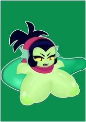 big_breasts big_nipples black_hair brawl_stars female female_only green_body green_nipples green_skin somespanart willow_(brawl_stars) yellow_eyes