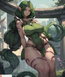 ai_generated anthro belt big_breasts big_breasts bottom_heavy bottomless breasts breasts breasts bursting_breasts child_bearing_hips cmtilins collar covered_nipples covered_pussy curvy curvy_female curvy_figure dryad_soraka elf_ears female female_only green_eyes green_hair horn hourglass_figure huge_breasts humanoid large_breasts league_of_legends long_hair marks massive_thighs narrow_waist pear_shaped revealing_clothes shy small_waist soraka tatoos thick thick_legs thick_thighs tight_clothing tight_fit video_game_character wide_hips
