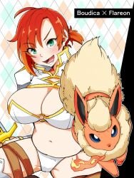 41_(taskmaster41) boudica_(fate) boudica_(fate/grand_order) breasts brown_legwear character_name cleavage commentary_request crossover fate/grand_order fate_(series) female fire flareon green_eyes highres large_breasts midriff navel o-ring pokemon pokemon_(species) ponytail red_hair short_hair smile sword thick_thighs thighhighs thighs weapon