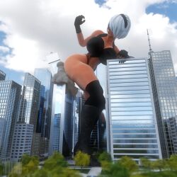1girls 3d ass barcode1998 big_ass big_breasts blindfold breasts city destruction female female_only giantess hairband huge_breasts light-skinned_female light_skin macro nier nier:_automata short_hair solo white_hair yorha_2b