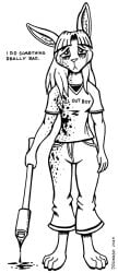 anthro axe barefoot blood blood_drip blood_on_arm blood_on_clothing blood_on_face blood_splatter bodily_fluids clothing digitigrade dogwash english_text feet female holding_axe lagomorph leporid makeup mammal mascara mascara_tears monochrome pen_(artwork) rabbit sad solo tears text traditional_media_(artwork)