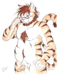 1boy 2016 anthro beard brown_eyes brown_hair bushycat chest_fluff chest_fur chubby chubby_anthro chubby_belly chubby_male facial_hair felid feline furry glasses happy_trail male male_only nipples penis pink_nose short_hair solo solo_male testicles