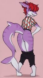 anthro ass clothing female fish hair hi_res marine marsminer pants_around_legs pepper_(peppershark) presenting presenting_hindquarters rear_view shark solo tail