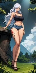 1girls abs ai_generated bare_arms bare_shoulders big_breasts blue_eyes charlotte_smoothie clothed clothing eye_covered female female_focus female_only jean_shorts large_breasts long_hair looking_at_viewer muscular muscular_female one_piece senotakai_ai shounen_jump smile solo solo_female tattoo thick_thighs white_hair