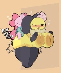 annabee_(woebeeme) anthro axii_(sleepysous) axolotl bee_girl big_areola big_breasts black_stockings blushing huge_breasts larger_female plap plap_(sound) sleepysous small_but_hung small_dom_big_sub smaller_male smaller_male_larger_female stockings tagme