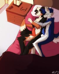 absurd_res anthro bed canid canine canis cuddling domestic_dog duo fox furniture furryafoxy hi_res hybrid male male/male mammal morning wolf