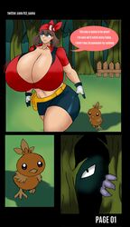 alternate_breast_size big_breasts breasts_bigger_than_head comic english_text forest h3_sama haunter huge_breasts massive_breasts may_(pokemon) page_1 pokemon torchic twitter_username