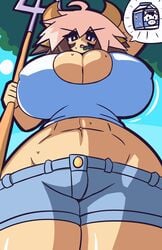 1girls 2021 abs animal_ears armpits bare_midriff bare_thighs big_breasts bovine cathyl_(monster_musume) cleavage_cutout cow_girl female_minotaur gensin horns huge_breasts looking_at_viewer minotaur minotaur_female minotaur_girl monster_girl monster_musume_no_iru_nichijou nipple_bulge pov shorts tagme tank_top thick thick_thighs