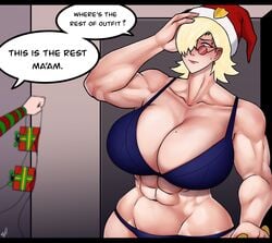 abs avis_(strangehero) big_breasts christmas female festive glasses huge_breasts mole mole_on_breast muscular_female round_glasses short_hair strangehero tagme text underwear white_body white_skin yellow_hair