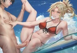 1boy 1girls bare_shoulders bikini bikini_aside black_hair blonde_hair blue_sky blush braid breasts cleavage collarbone commentary day english_commentary erection fate/grand_order fate_(series) female french_braid fujimaru_ritsuka_(male) green_eyes grin hair_ornament hair_scrunchie long_hair lying male md5_mismatch medium_breasts mordred_(fate) mordred_(swimsuit_rider) mordred_(swimsuit_rider)_(fate) mordred_(swimsuit_rider)_(first_ascension)_(fate) navel nude ocean on_side outdoors parted_bangs penis ponytail prydwen_(fate) pussy red_bikini scrunchie sex short_hair sidelocks sky smile spread_legs straight surfboard swimsuit uncensored unfairr vaginal_penetration variant_set water