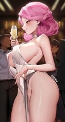 2024 alcohol areola_slip areolae artist_name blush braid breasts champagne champagne_flute choker clothed clothing cocktail_dress cup dress earrings eden_(shiroki_yuutsu) female_focus french_braid glass heart highres holding_cup huge_breasts indoors jacket jewelry looking_at_viewer looking_to_the_side male multiple_boys no_panties o-ring o-ring_choker original pants pelvic_curtain pink_hair revealing_clothes seductive shirt short_hair sideboob signature smile solo_focus standing suit teasing thick_thighs thighs tied_hair vanilla_(eden_(shiroki_yuutsu)) white_dress yellow_eyes