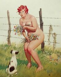1girls barbed_wire breasts canine casual duane_bryers embarrassed embarrassed_nude_female female fence feral hilda_(duane_bryers) human nude nudist outdoors pale_skin pinup red_hair tagme