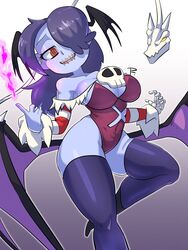 1girls alternate_breast_size breasts clothing crossover darkstalkers hair_down halloween leviathan_(skullgirls) medium_breasts morrigan_aensland_(cosplay) painting_fish purple_hair skullgirls squigly stockings thick_thighs zombie