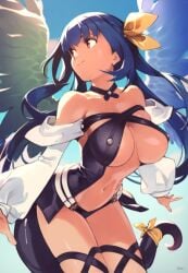 1girls angel_wings asymmetrical_wings bare_shoulders belt black_choker black_wings blue_hair blue_sky breasts center_opening choker closed_mouth cloud cloudy_sky day detached_sleeves dizzy_(guilty_gear) female guilty_gear guilty_gear_x guilty_gear_xx hair_between_eyes hair_ribbon highres large_breasts long_hair long_sleeves looking_to_the_side monster_girl navel optionaltypo outdoors puffy_long_sleeves puffy_sleeves red_eyes ribbon shaded_face sideboob signature skindentation sky smile solo stomach sunlight tail tail_ornament tail_ribbon thick_thighs thigh_strap thighs twintails underboob white_wings wings yellow_ribbon