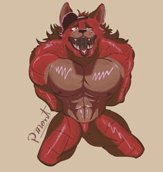 anthro bodily_fluids canid canine five_nights_at_freddy's fox foxy_(fnaf) genitals hi_res male male/male male_only mammal muscular muscular_male penis pinumontbalou saliva solo sweat video_games