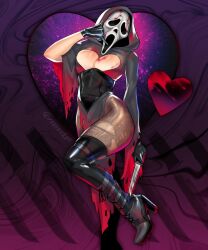 1girls 2020s 2024 2d 2d_(artwork) big_thighs black_gloves black_high_heels child_bearing_hips cleavage covered_nipples female female_focus female_ghostface female_only ghost_face ghostface gloves heart hi_res high_heel_boots high_heels highres hips hood kneehighs knife large_thighs leotard light-skinned_female light_skin mask masked_female rosenskye scream_(franchise) skindentation solo solo_female solo_focus thick_thighs thighs tight_clothing wide_hips