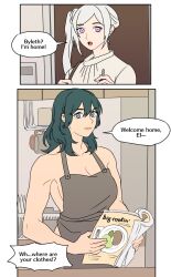 2girls alternate_hairstyle apron byleth_(fire_emblem) byleth_(fire_emblem)_(female) edelgard_von_hresvelg english_text female female_only fire_emblem fire_emblem:_three_houses kitchen multiple_girls naked_apron nintendo post-timeskip radiostarkiller side_ponytail text wholesome wife_and_wife yuri