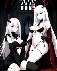 2girls ai_generated antlers church demon demon_girl goth goth_girl gothic gothic_girl original_character red_eyes sisters twins white_hair