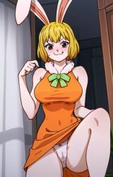 :3 ai_generated anthro big_breasts black_eyes blonde_hair breasts bunny_ears carrot carrot_(one_piece) dress female female_only leg_up looking_at_viewer one_piece panties pov short_hair smirk trompitpro