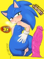 anthro ass_focus ass_grab backsack balls big_butt blue_fur blue_hair dildo femboy from_behind green_eyes huge_ass male_only male_shortstack nipples penis sonic_(series) sonic_the_hedgehog squishcap_(artist) teapot_(body_type) twitter_username