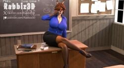 2024 3d 3d_(artwork) anthro applebottom_family beauty_mark big_breasts catherine_applebottom classroom cross_necklace desk female fur furry glasses_on_head heels hi_res holding_glasses hollandworks milf rabbiz3d smile teacher