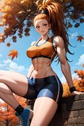 1girls abs ai_generated big_breasts blue_eyes blush brown_hair captain_mizuki clothed clothing color female female_focus female_only gym_clothes gym_uniform hi_res large_breasts leg_up long_hair looking_at_viewer muscular muscular_female one-punch_man ribbon senotakai_ai sitting smile solo solo_female sweat tagme