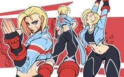 1girls ass ass_focus back back_view big_ass blonde_hair blue_eyes breasts cammy_white closed_eyes clothed clothing color female female_focus female_only fully_clothed hi_res jacket looking_at_viewer pimozzarella scar short_hair solo solo_female street_fighter street_fighter_6 stretching thick_thighs