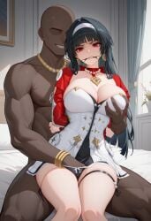 1girls ai_generated astra_yao black_hair blunt_bangs dark-skinned_male degenbrecher earrings grabbing_breasts grabbing_from_behind hairband jewelry long_hair necklace pearl_necklace red_eyes red_jacket scowl zenless_zone_zero