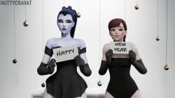 2girls 3d animated black_elbow_gloves black_gloves blinking brown_hair colored_skin cowboy_shot d.va elbow_gloves eyeshadow facing_viewer female_only funny happy_new_year head_tilt high_ponytail holding_object holding_sign looking_at_viewer new_year nuttycravat overwatch overwatch_2 petite petite_body petite_breasts petite_female ponytail shorter_than_30_seconds sound strapless_leotard tagme very_long_hair video widow's_peak widowmaker