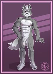 2019 4_toes 5_fingers abs absurd_res alternate_version_at_source anthro artist_name athletic athletic_male balls belly black_nose canid canine canis claws crotch_tuft digital_media_(artwork) eye_scar eyebrows facial_scar feet fingers flaccid fluffy fluffy_tail foreskin front_view fur genitals grey_body grey_fur hair hi_res humanoid_genitalia humanoid_penis looking_at_viewer male male_only mammal muscular navel nintendo nipples nude one_eye_closed outline pecs penis pinup plantigrade pose quads red_eyes saintbullart scar simple_background smile solo standing star_fox tail toes tuft watermark white_belly white_eyebrows white_hair white_outline wink wolf wolf_o'donnell