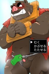 2024 2:3 anthro asian_clothing blush bodily_fluids brown_body clothing clothing_aside east_asian_clothing fundoshi fundoshi_aside genitals hi_res humanoid_hands japanese_clothing japanese_text kemono male male_only mammal nervous overweight overweight_male penis scar shibatanukiti small_penis solo_focus suid suina sus_(pig) sweat text underwear underwear_aside white_clothing white_fundoshi white_underwear wild_boar