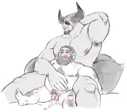 after_sex balls bara beard cadash closed_eyes cum dragon_age dragon_age_inquisition eyepatch facial_hair flaccid gay grey_body grey_skin horns inquisitor_cadash interspecies iron_bull male male_only monochrome muscles muscular nude penis perunagekko qunari size_difference