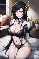 ai_generated bed bedroom bedroom_sex black_bra black_hair black_panties bra brunhild_(shuumatsu_no_valkyrie) female female_focus female_only green_eyes hair_between_eyes hair_ornament head_tilt imminent_rape imminent_sex looking_at_viewer looking_up lying_on_back lying_on_bed naughty_face partially_clothed partially_nude seductive seductive_eyes seductive_look seductive_mouth seductive_pose shuumatsu_no_valkyrie sleeping solo solo_female solo_focus stable_diffusion