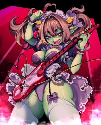 1girls 2023 beannivt_(artist) brown_hair electric_guitar female female_only garter_straps goblin goblin_female green_skin guitar hi_res indie_virtual_youtuber licking_lips long_hair looking_at_viewer playing_instrument podge pointy_ears red_eyes sharp_teeth smiling smiling_at_viewer solo stockings thick_thighs virtual_youtuber white_stockings