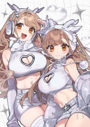 2girls belt belt_buckle big_breasts brown_eyes female goat_horns headphones kodama's_elder_sister_(sakura_yuki) kodama_(sakura_yuki) midriff sakura_yuki_(clochette) sisters tagme taking_off_jacket thick_thighs thighhighs