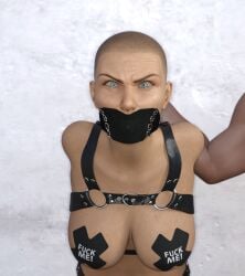 1girls 3d angry bondage daz3d gag gagged harness looking_at_viewer mugshot shaved_head tears tikka