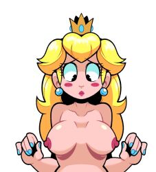 achybreakfast blonde_hair blue_nails blushing breasts crown earrings eyelashes lipstick mario_(series) medium_breasts nipples nude princess_peach tagme