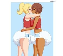 2futas blonde_hair brown_hair bulge closed_eyes dark-skinned_futanari dark_skin diaper diaper_futa erection erection_under_clothes erection_under_diaper futanari kissing sparkles73 tenting